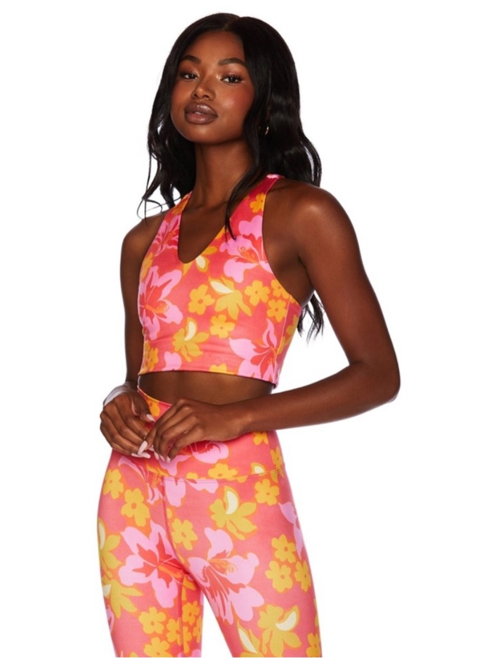 NWT Beach Riot Sport  Ruby Floral V-Neck Crop Top Hula Pink Workout Set
